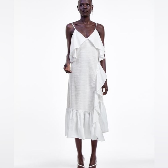 Zara Rustic Ruffled Knit Midi Dress Size M Mixed Media Gauze Flutter White Boho - Picture 2 of 14